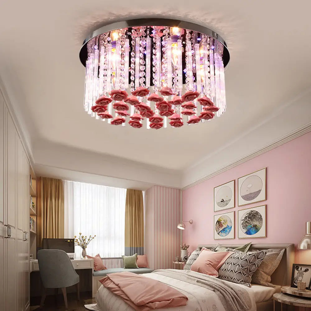 Red Led Round Ceiling Light With Stylish Crystal And Ceramic Design Rose Deco / 19.5’