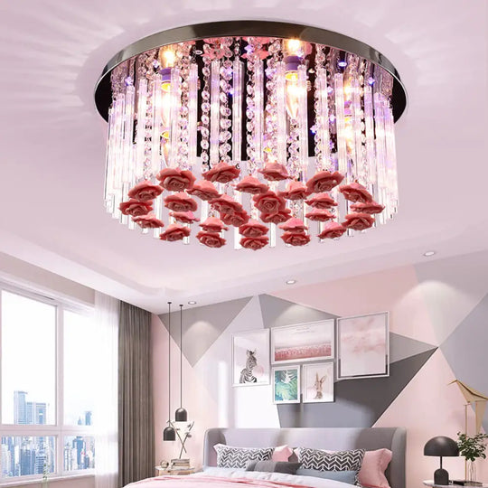Red Led Round Ceiling Light With Stylish Crystal And Ceramic Design Rose Deco / 31.5’