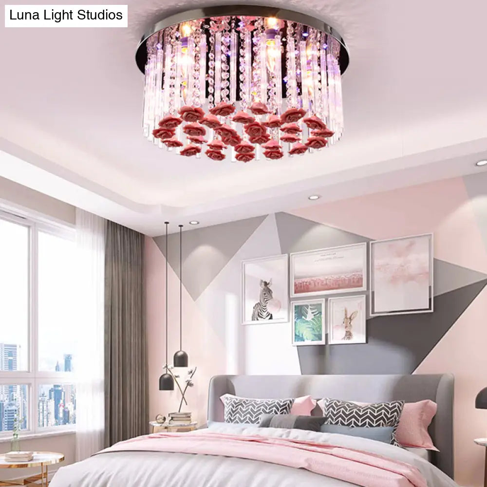 Red Led Round Ceiling Light With Stylish Crystal And Ceramic Design Rose Deco