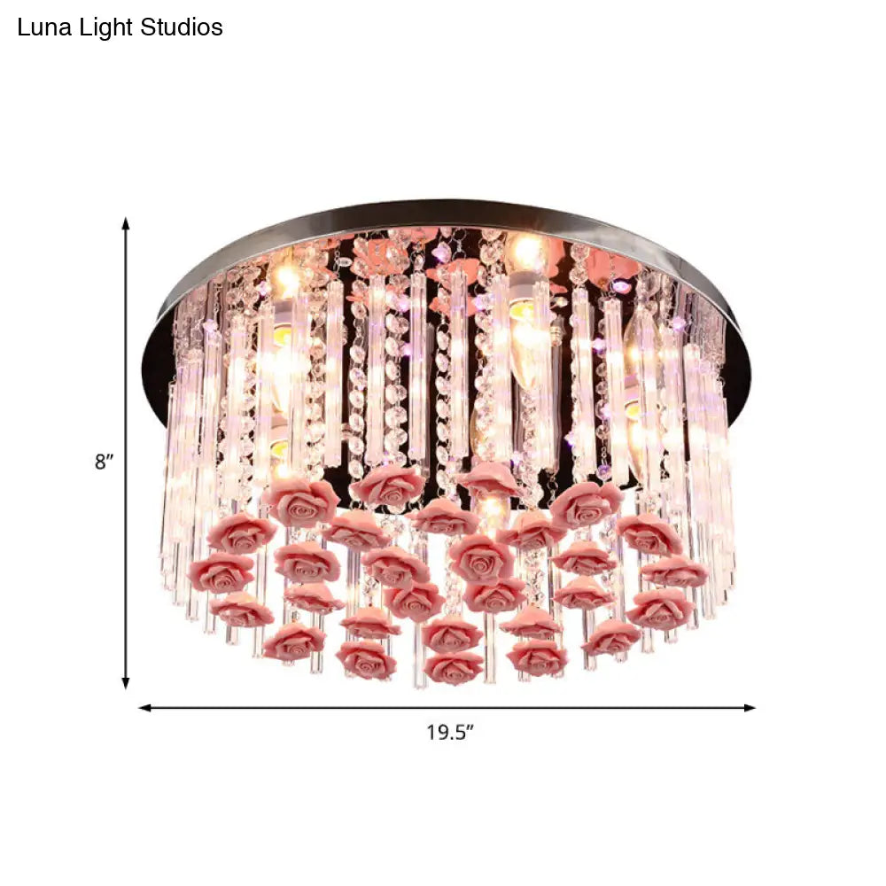 Red Led Round Ceiling Light With Stylish Crystal And Ceramic Design Rose Deco