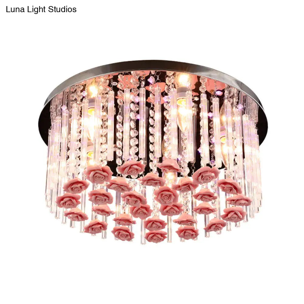 Red Led Round Ceiling Light With Stylish Crystal And Ceramic Design Rose Deco