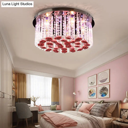 Red Led Round Ceiling Light With Stylish Crystal And Ceramic Design Rose Deco / 19.5