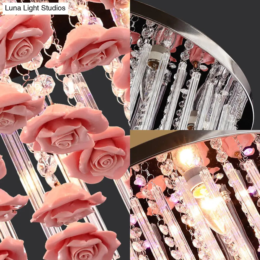 Red Led Round Ceiling Light With Stylish Crystal And Ceramic Design Rose Deco