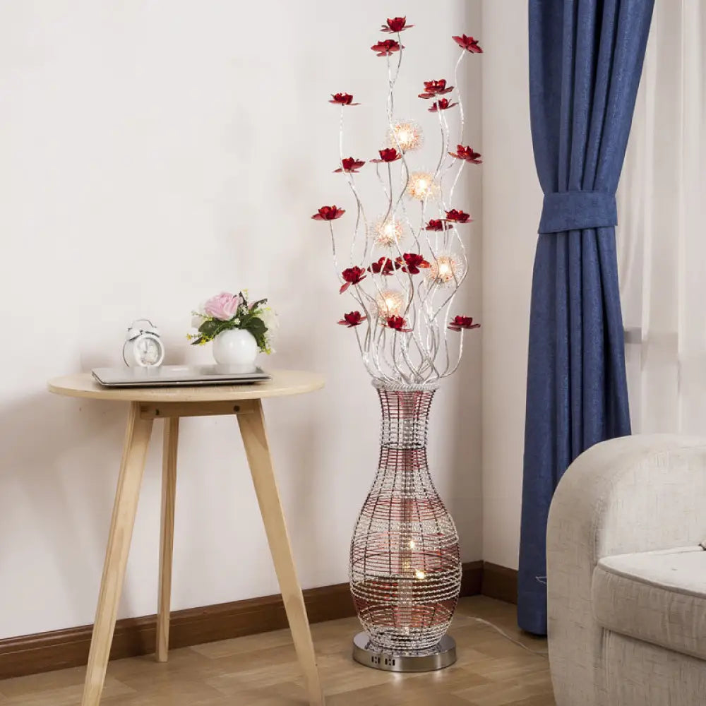 Red Led Tree Floor Lamp With Vase Pedestal - Elegant Aluminum Decorative Reading Light