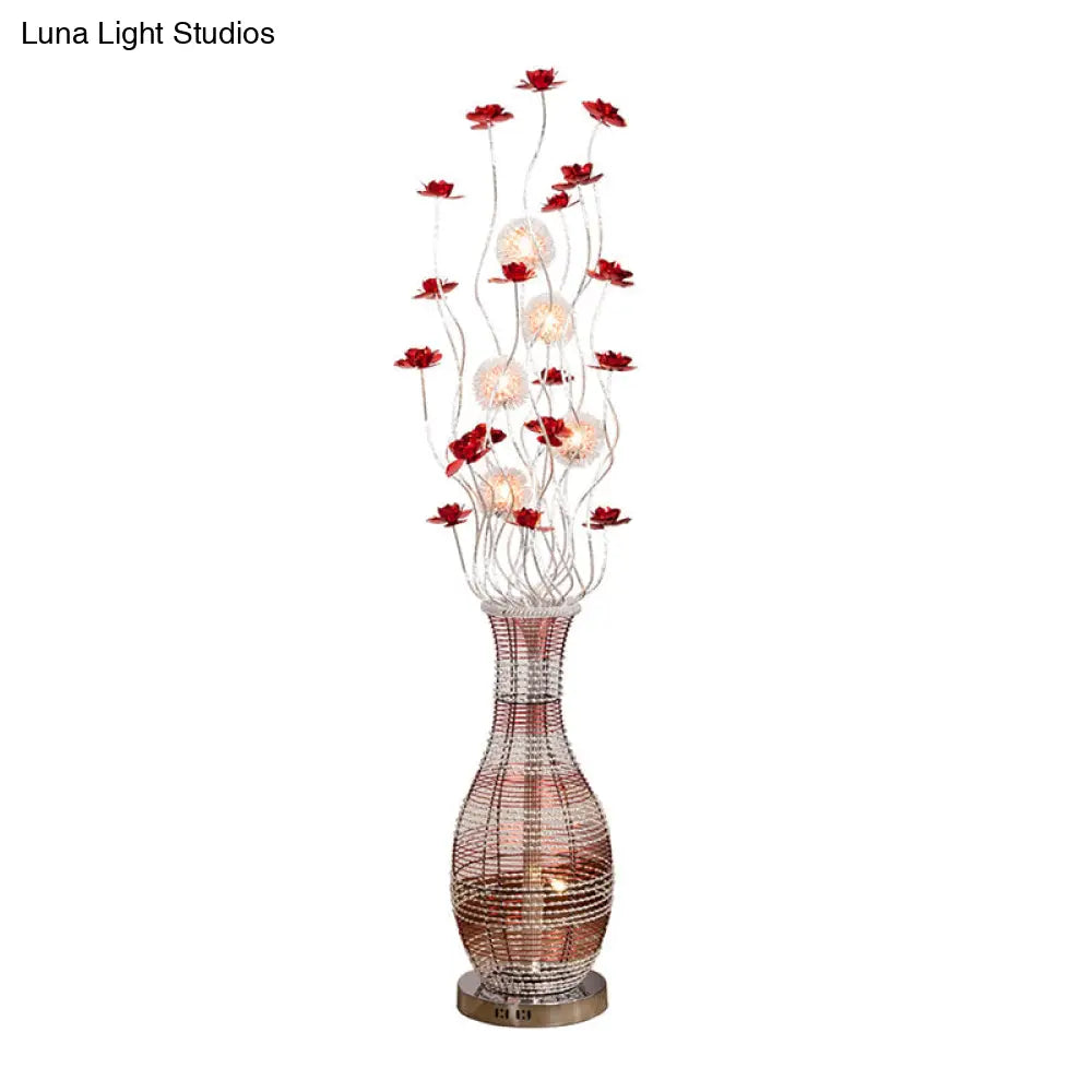 Red Led Tree Floor Lamp With Vase Pedestal - Elegant Aluminum Decorative Reading Light