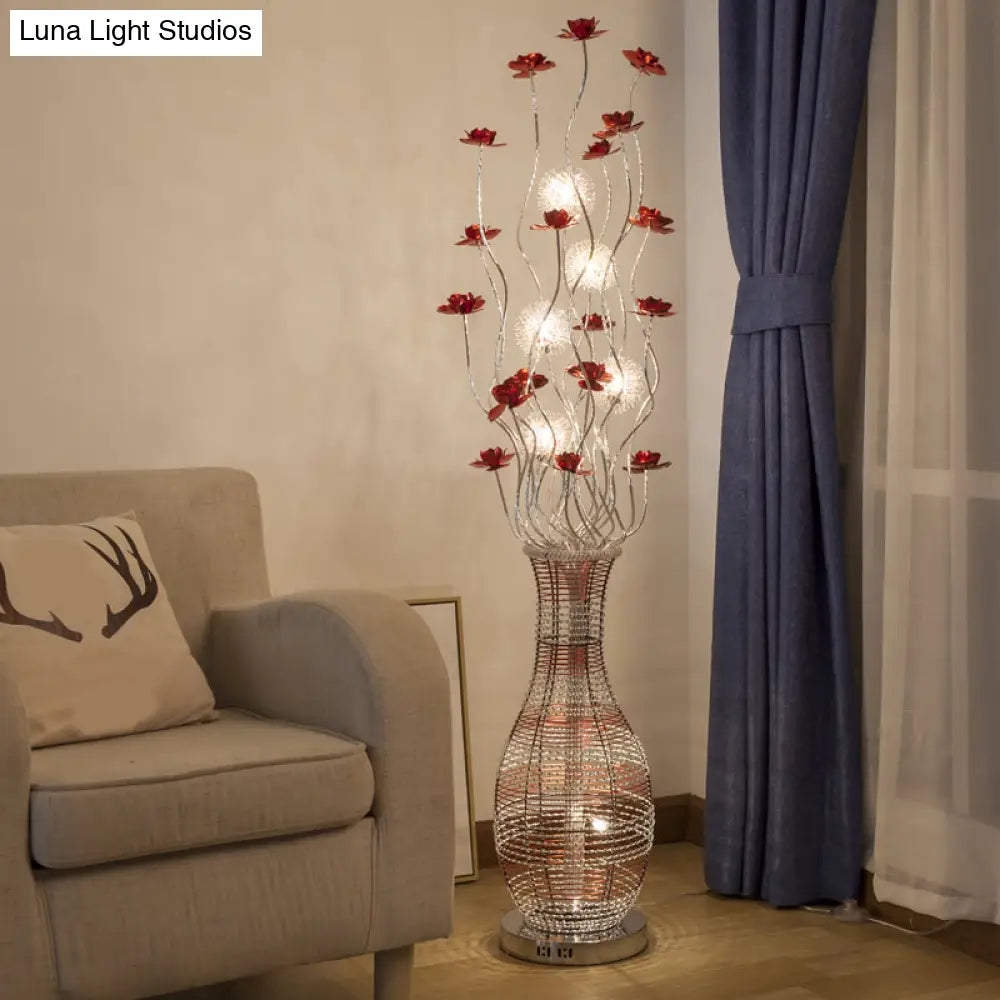 Red Led Tree Floor Lamp With Vase Pedestal - Elegant Aluminum Decorative Reading Light