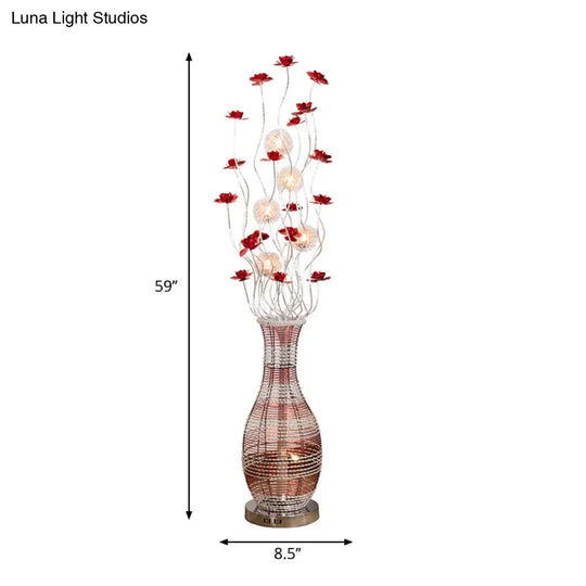 Red Led Tree Floor Lamp With Vase Pedestal - Elegant Aluminum Decorative Reading Light