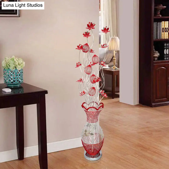 Red Led Vase Floor Lamp With Flower Design - Stylish Metallic Standing Light