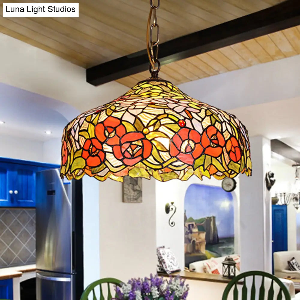 Red Mediterranean Floral Ceiling Pendant Lamp With Cut Glass - 1 Light Fixture
