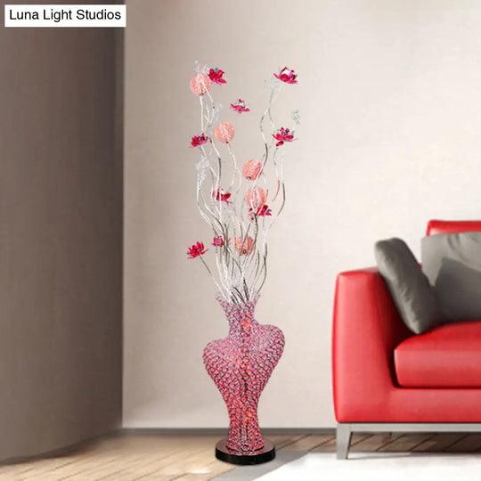 Red Metal Floret Standing Lamp: Led Decorative Floor Light With Crystal Encrusted Detail