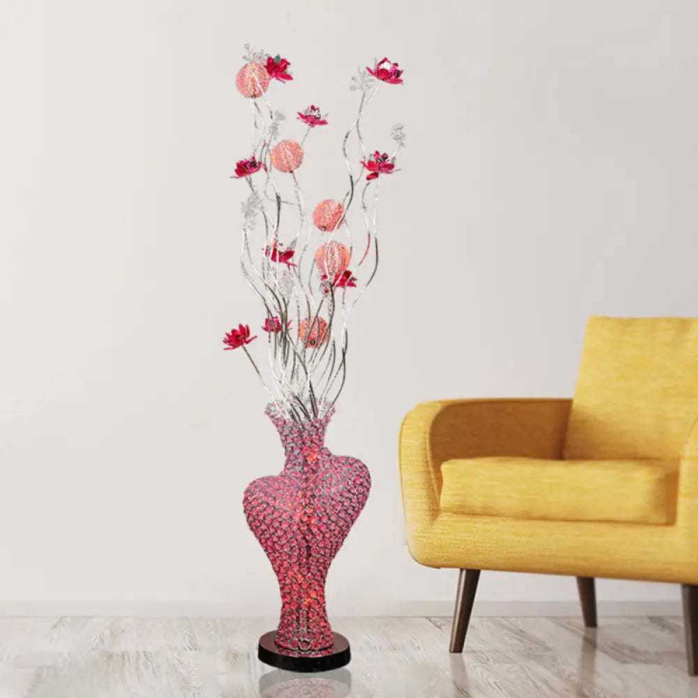 Red Metal Floret Standing Lamp: Led Decorative Floor Light With Crystal Encrusted Detail