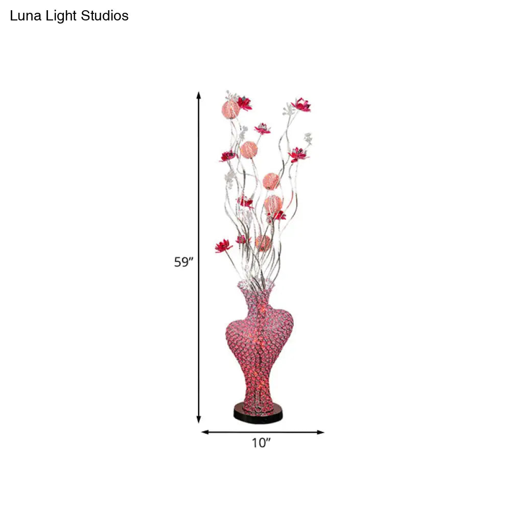 Red Metal Floret Standing Lamp: Led Decorative Floor Light With Crystal Encrusted Detail