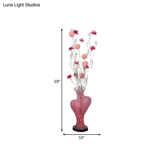 Red Metal Floret Standing Lamp: Led Decorative Floor Light With Crystal Encrusted Detail