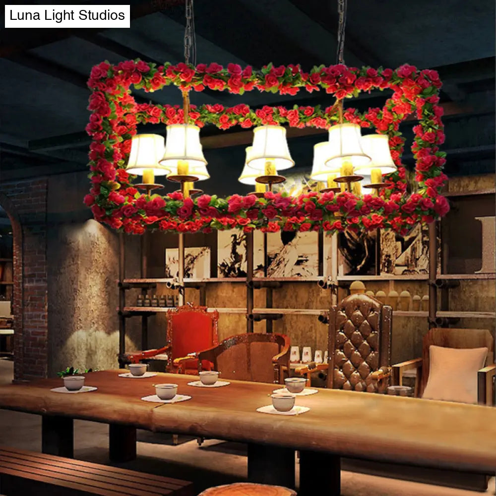 Red Metal Flower Pendant Light For Restaurant - Industrial Rectangular Island With 8 Heads