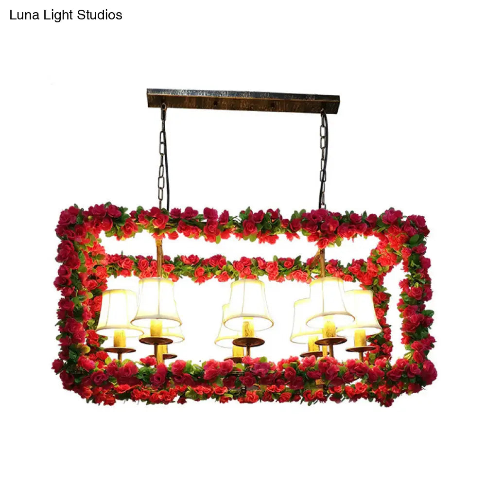 Red Metal Flower Pendant Light For Restaurant - Industrial Rectangular Island With 8 Heads