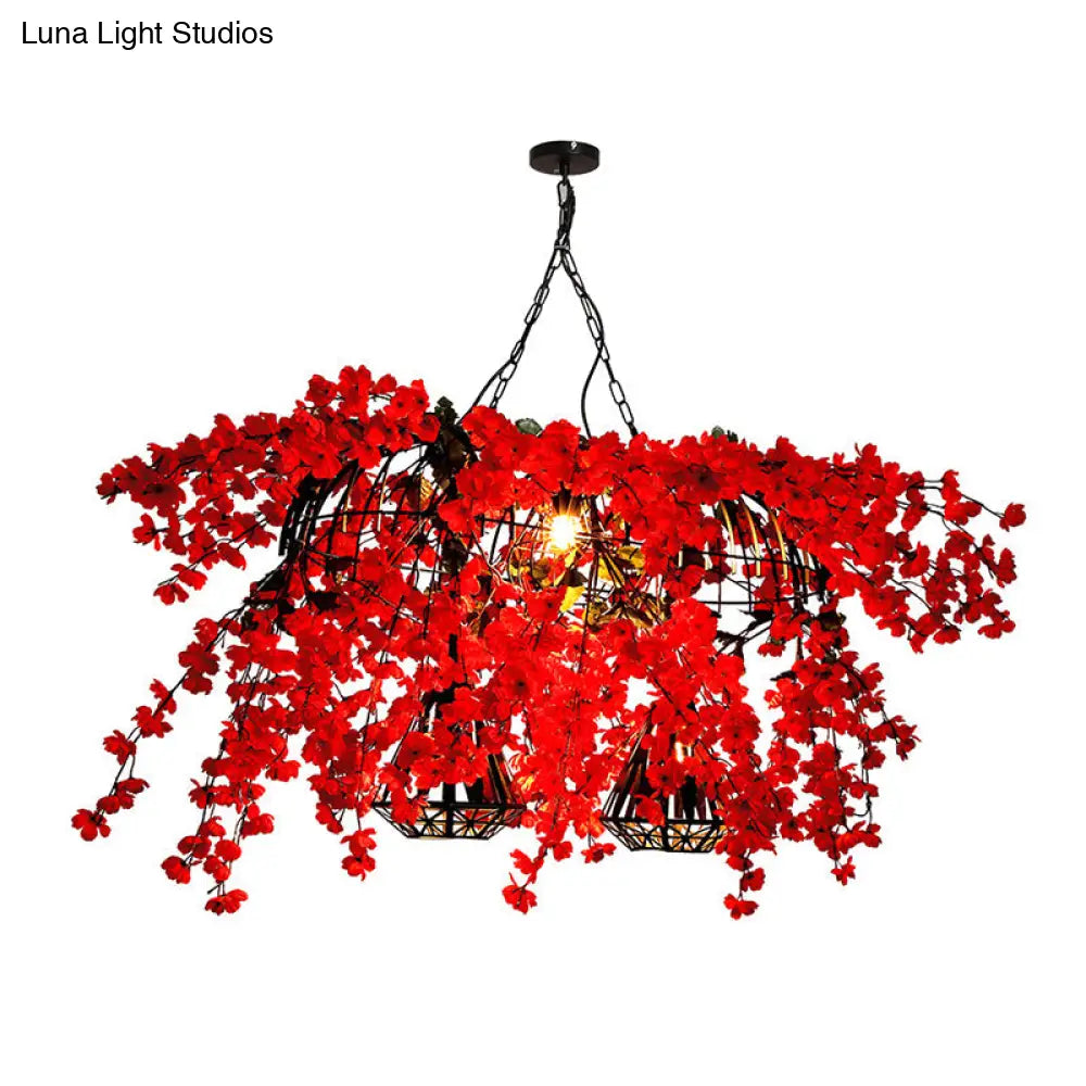 Red Metal Island Ceiling Light With Diamond Cage - 3-Head Industrial Suspension Lamp