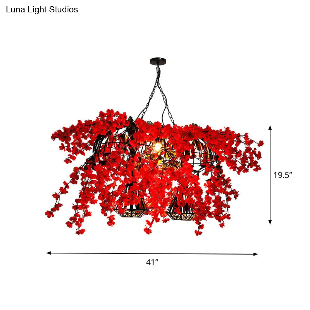 Red Metal Island Ceiling Light With Diamond Cage - 3-Head Industrial Suspension Lamp