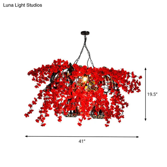 Red Metal Island Ceiling Light With Diamond Cage - 3-Head Industrial Suspension Lamp