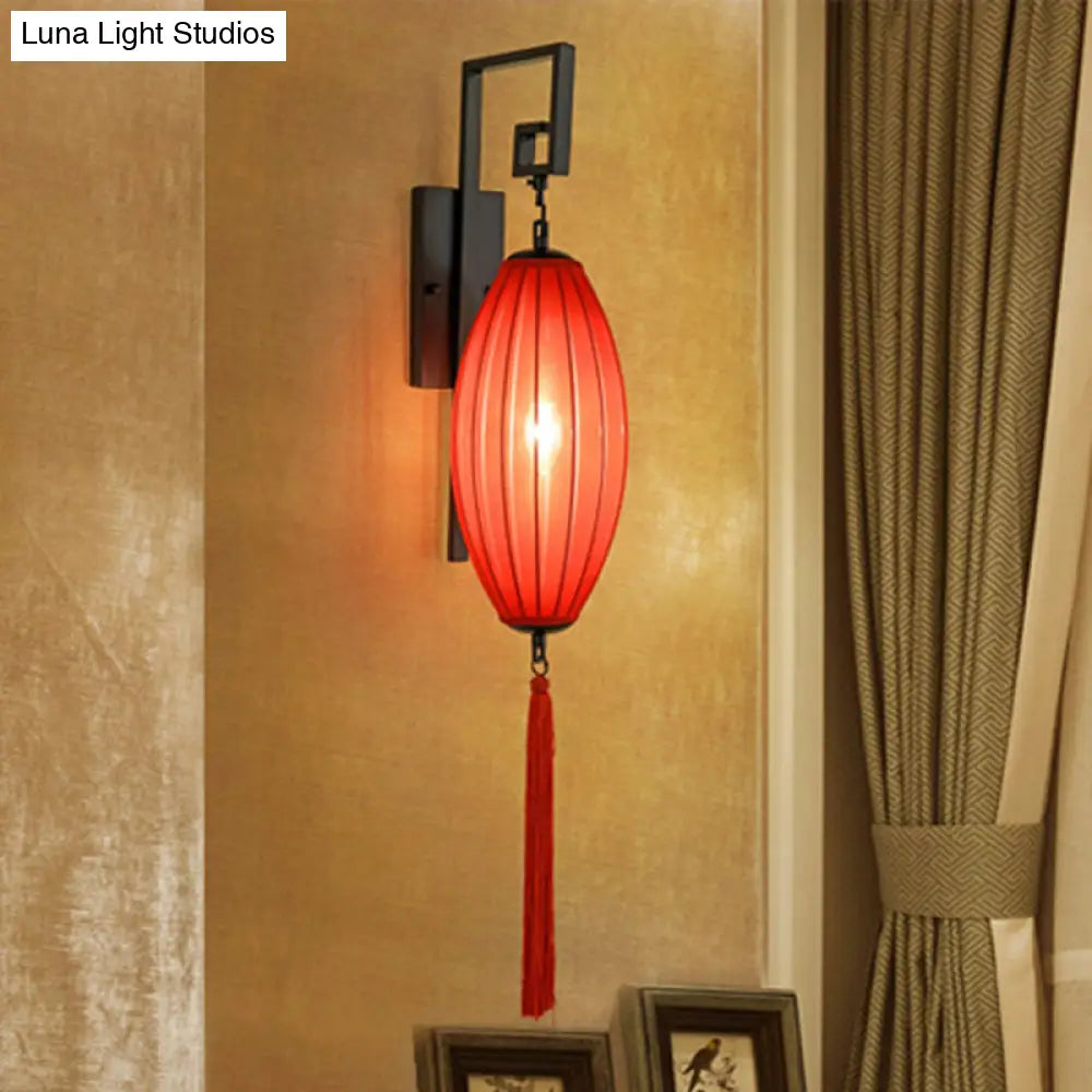 Red Metal Wall Sconce With Oval Fabric Shade For Tea House - Classic Style Lighting Fixture