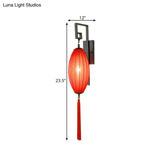 Red Metal Wall Sconce With Oval Fabric Shade For Tea House - Classic Style Lighting Fixture