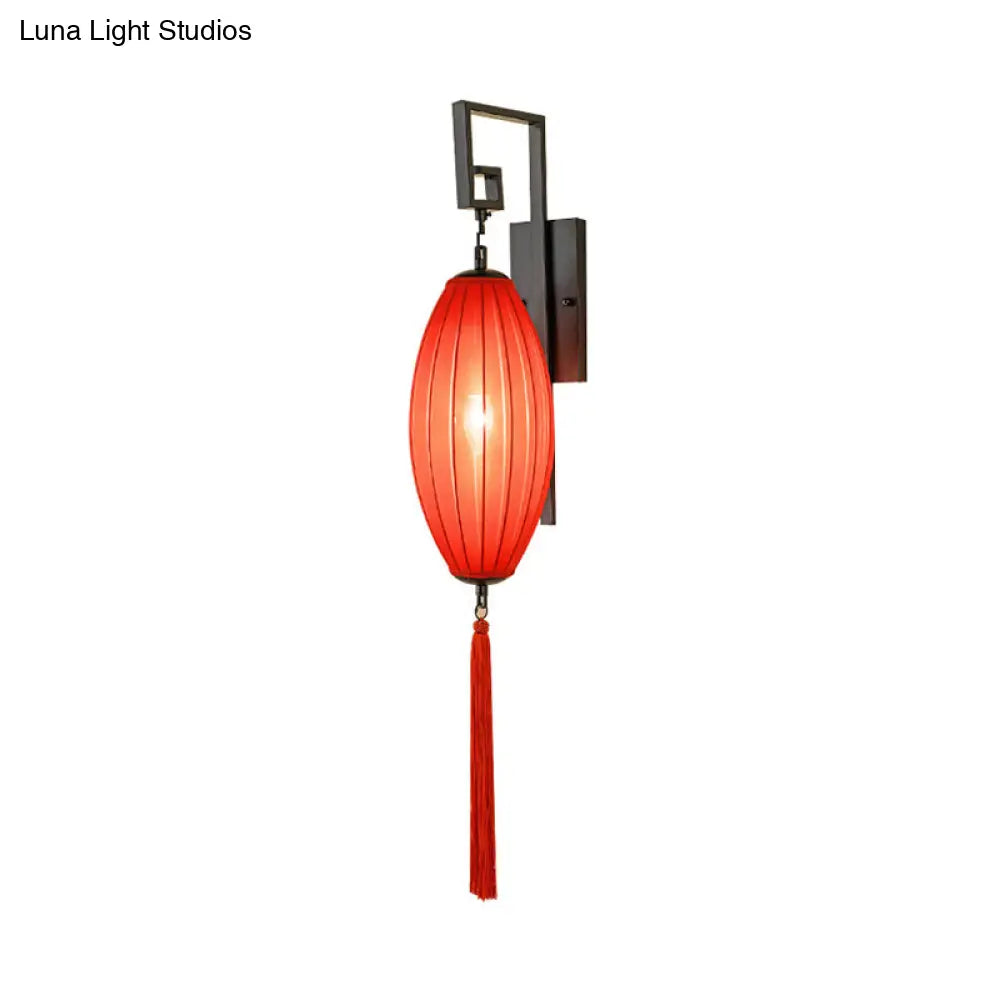 Red Metal Wall Sconce With Oval Fabric Shade For Tea House - Classic Style Lighting Fixture