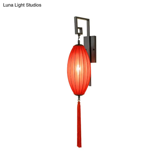 Red Metal Wall Sconce With Oval Fabric Shade For Tea House - Classic Style Lighting Fixture