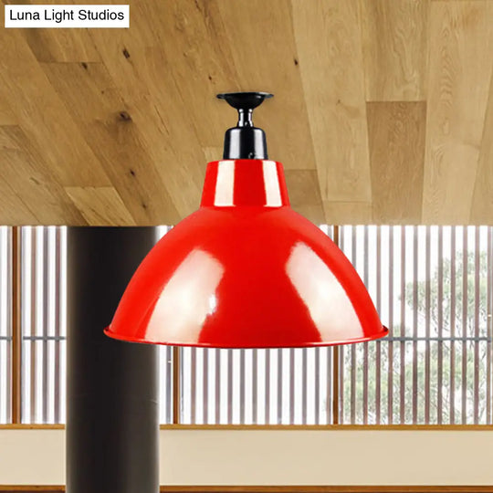 Red Metallic Ceiling Light Fixture - Vintage Dome Semi Flush Mount Ideal For Restaurants
