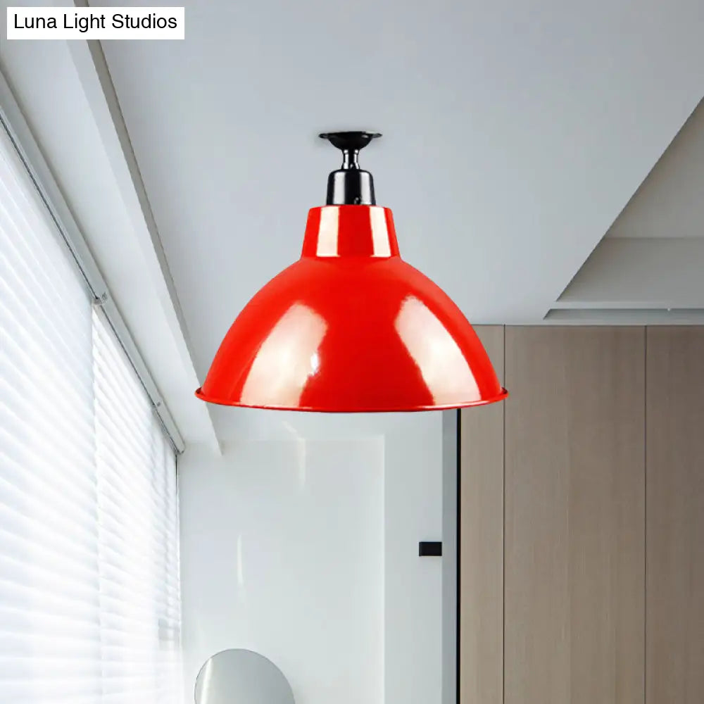 Red Metallic Ceiling Light Fixture - Vintage Dome Semi Flush Mount Ideal For Restaurants