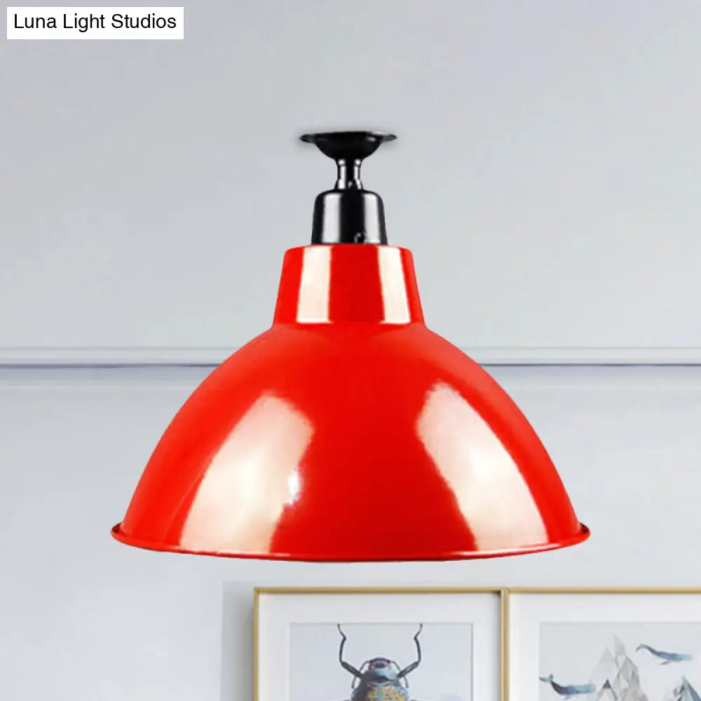 Red Metallic Ceiling Light Fixture - Vintage Dome Semi Flush Mount Ideal For Restaurants