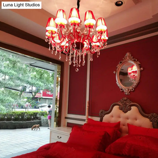 Red Modernist Flared Chandelier: K9 Crystal 6 Bulbs Living Room Pendant