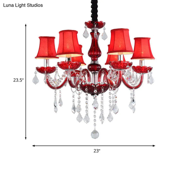 Red Modernist Flared Chandelier: K9 Crystal 6 Bulbs Living Room Pendant