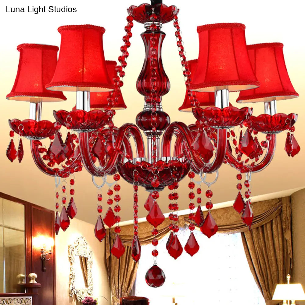 Red Modernist Flared Chandelier: K9 Crystal 6 Bulbs Living Room Pendant