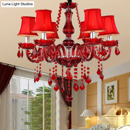 Red Modernist Flared Ceiling Chandelier: K9 Crystal Pendant Lamp (6 Bulbs) For Living Room