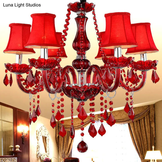 Red Modernist Flared Ceiling Chandelier: K9 Crystal Pendant Lamp (6 Bulbs) For Living Room