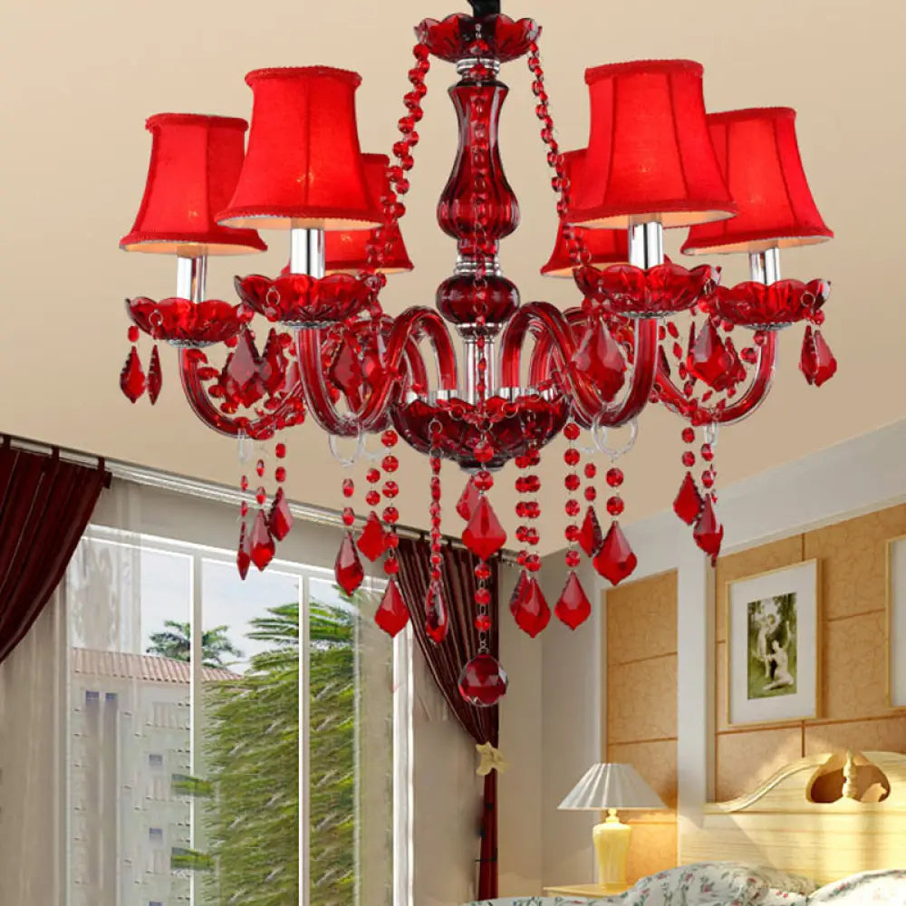 Red Modernist Flared Chandelier: K9 Crystal 6 Bulbs Living Room Pendant