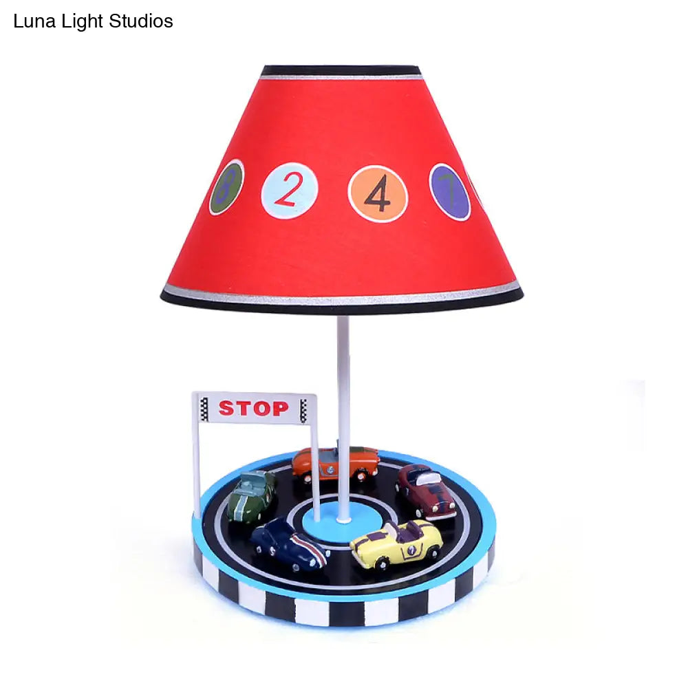 Red Racing Vehicle Tapered Fabric Table Light For Kids - 1-Bulb Nightstand Lighting