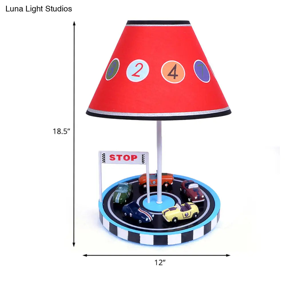 Red Racing Vehicle Tapered Fabric Table Light For Kids - 1-Bulb Nightstand Lighting