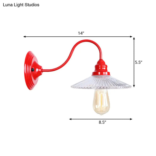 Red Ribbed Glass Wall Mounted Industrial Sconce Lamp - Bedroom Lighting With Single Bulb