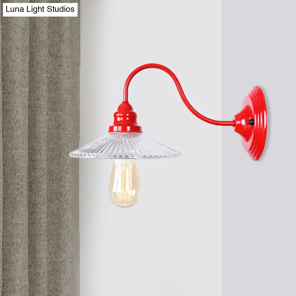 Red Ribbed Glass Wall Mounted Industrial Sconce Lamp - Bedroom Lighting With Single Bulb