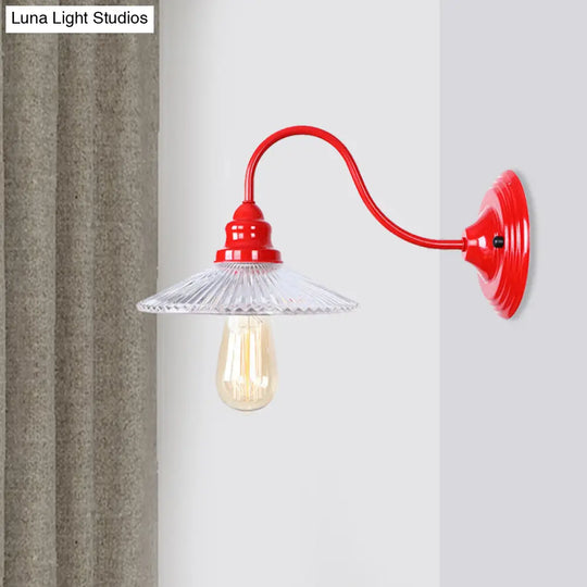 Red Ribbed Glass Wall Mounted Industrial Sconce Lamp - Bedroom Lighting With Single Bulb