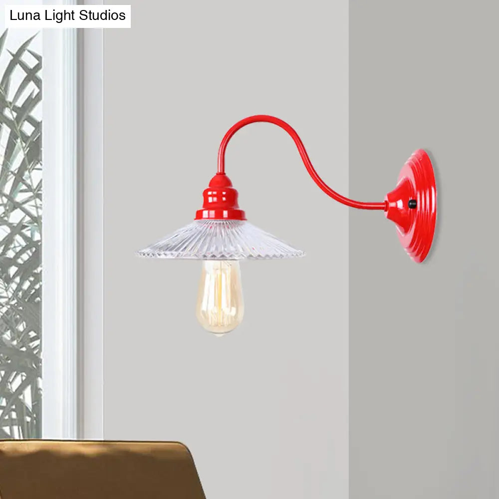 Red Ribbed Glass Wall Mounted Industrial Sconce Lamp - Bedroom Lighting With Single Bulb