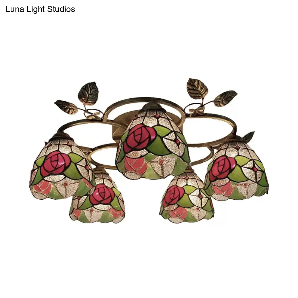 Red Rose Stained Glass Ceiling Light Fixture Tiffany Style Semi Flush 5 - Light With Bell Shade For