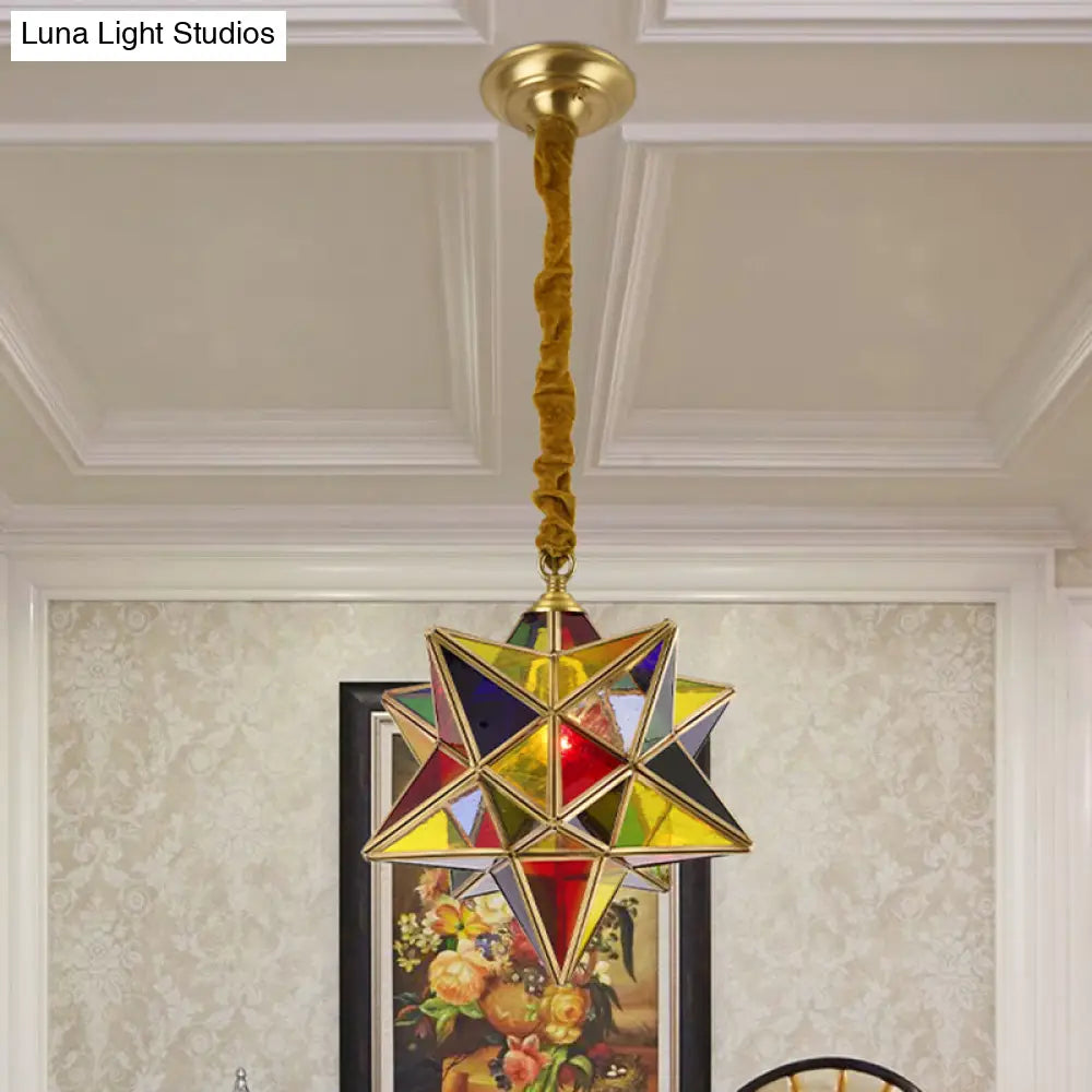 Red Stained Glass Star Pendant Light For Traditional Dining Room