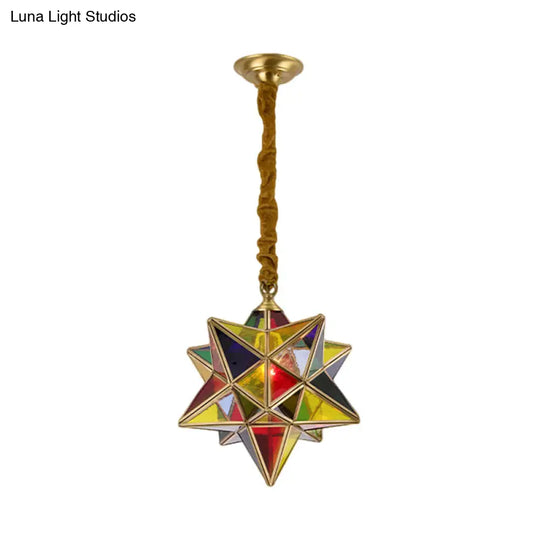 Red Stained Glass Star Pendant Light For Traditional Dining Room