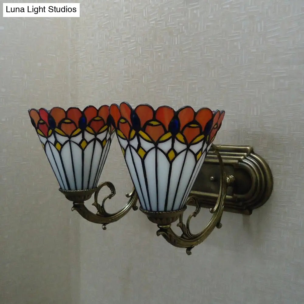 Red Stained Glass Tiffany Conical Wall Sconce With Curving Arm - Elegant Lighting