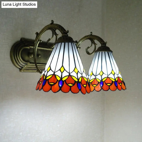 Red Stained Glass Tiffany Conical Wall Sconce With Curving Arm - Elegant Lighting