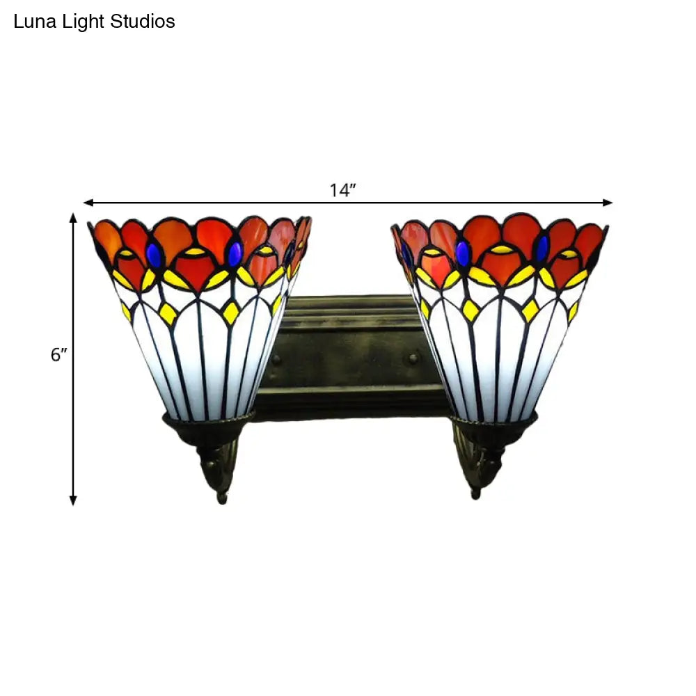 Red Stained Glass Tiffany Conical Wall Sconce With Curving Arm - Elegant Lighting