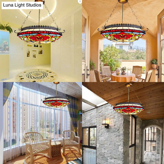 Red Stained Glass Victorian Bowl Chandelier - Elegant Hanging Ceiling Light For Living Room
