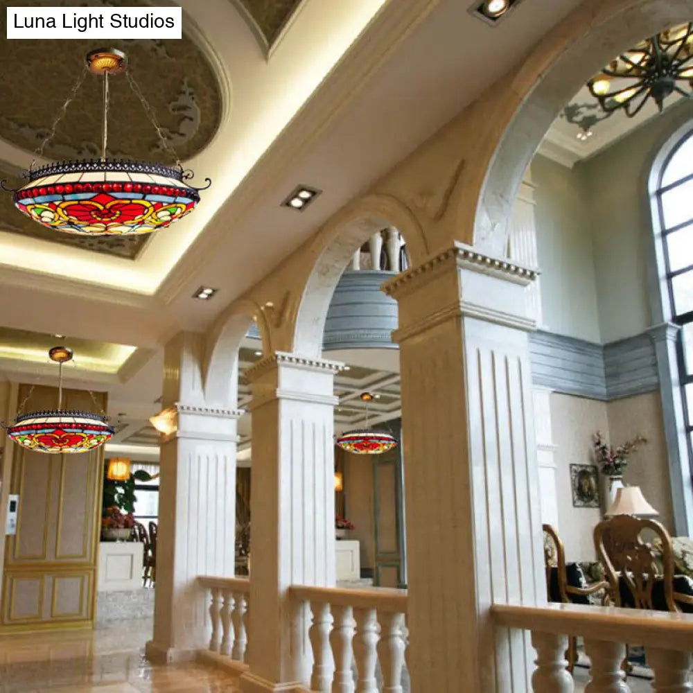 Red Stained Glass Victorian Bowl Chandelier - Elegant Hanging Ceiling Light For Living Room