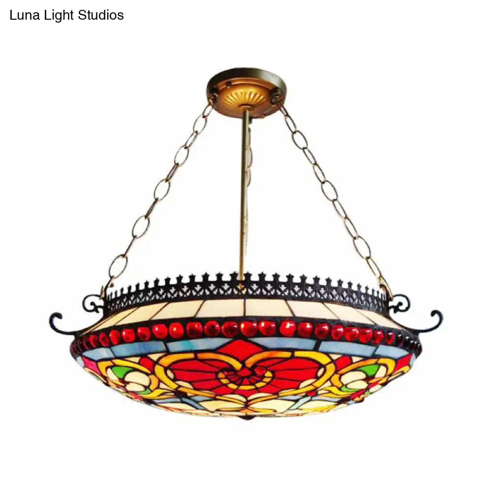 Red Stained Glass Victorian Bowl Chandelier - Elegant Hanging Ceiling Light For Living Room